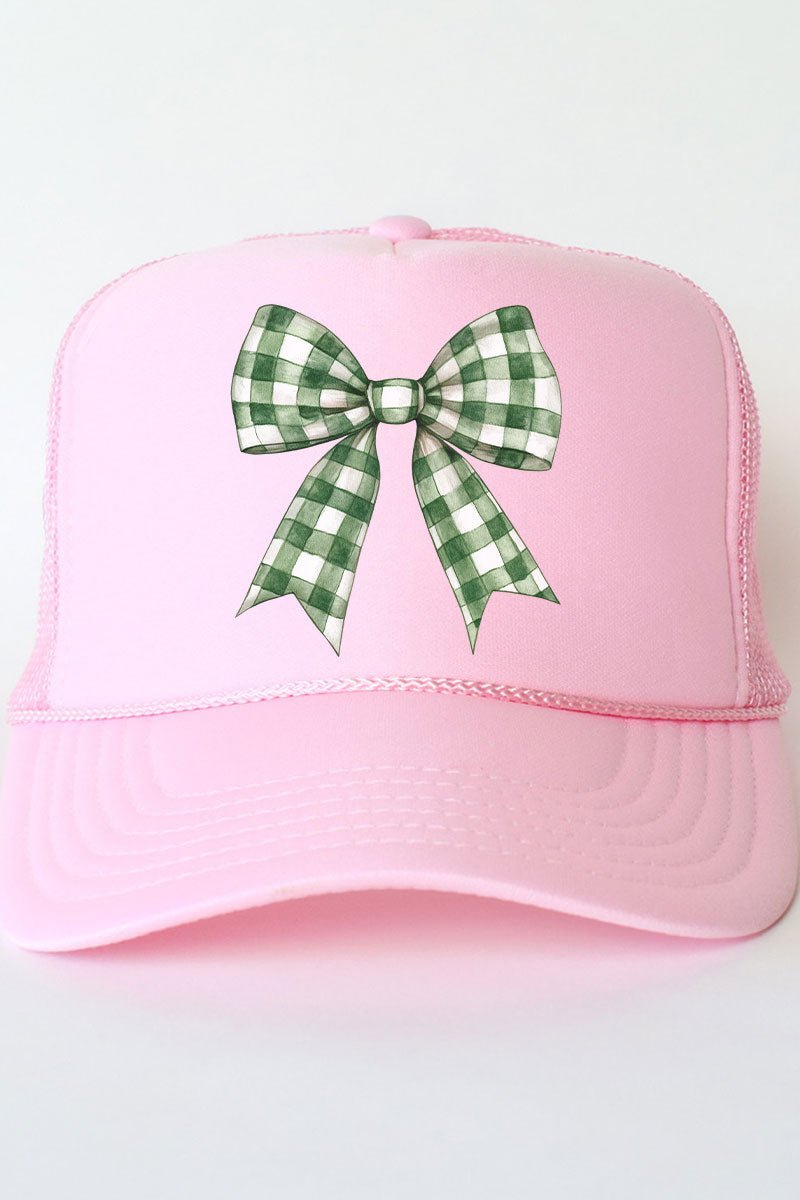 Green Gingham Bow Otto Soft Pink Foam Front Trucker Hat - Wholesale Accessory Market