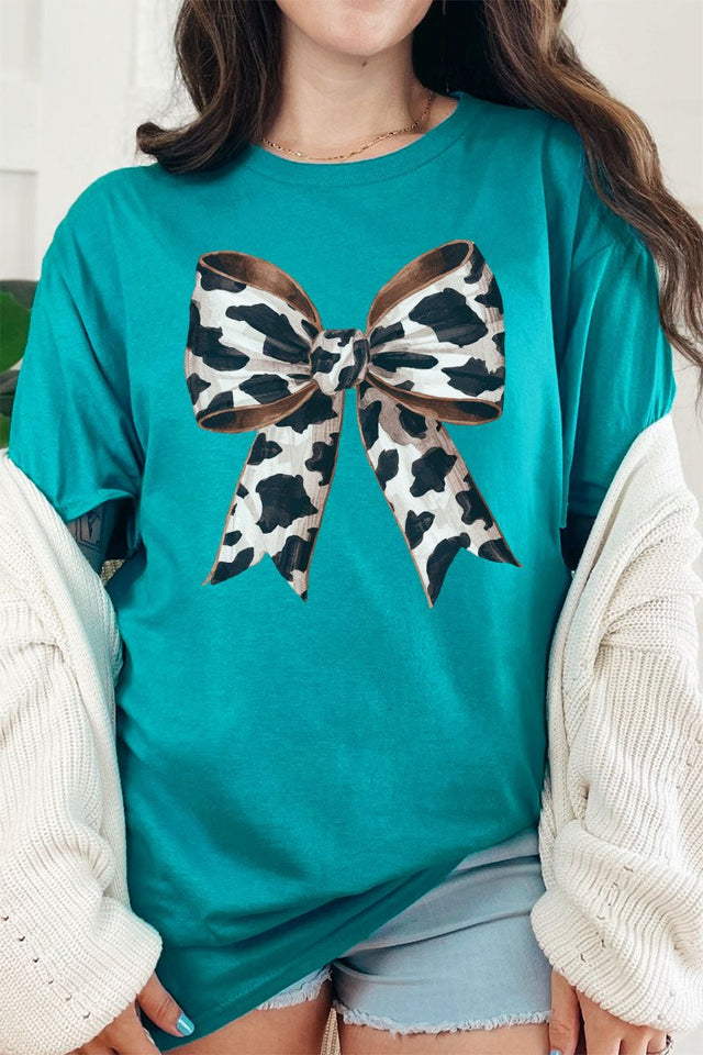 Cow Print Coquette Bow Short Sleeve Relaxed Fit T-Shirt - Wholesale Accessory Market