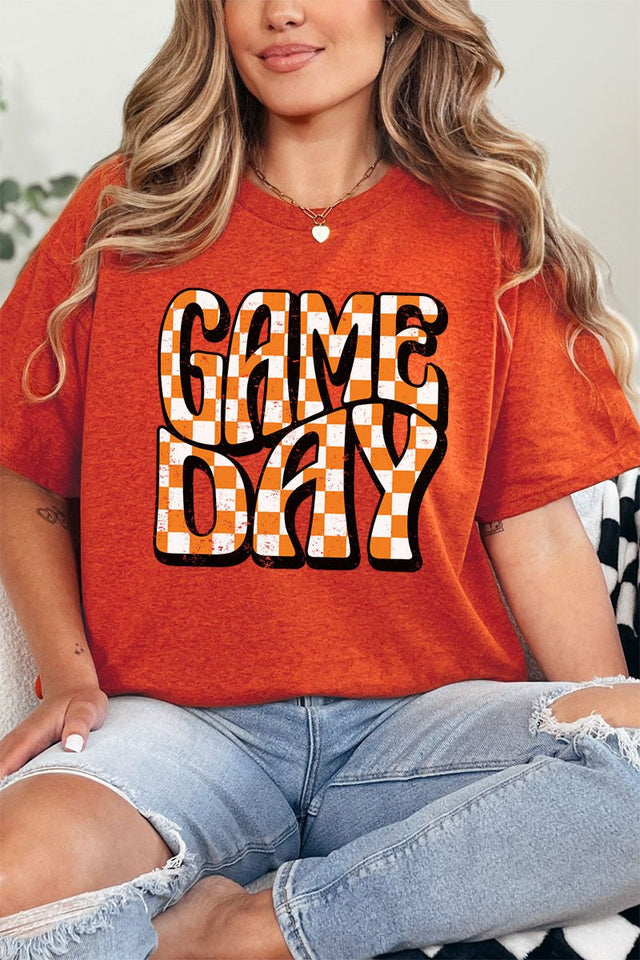 Orange Checkered Game Day Short Sleeve Relaxed Fit T - Shirt - Wholesale Accessory Market