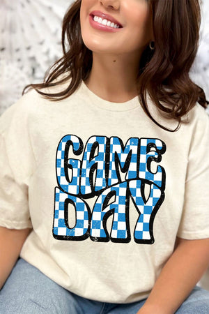 Blue Checkered Game Day Short Sleeve Relaxed Fit T - Shirt - Wholesale Accessory Market