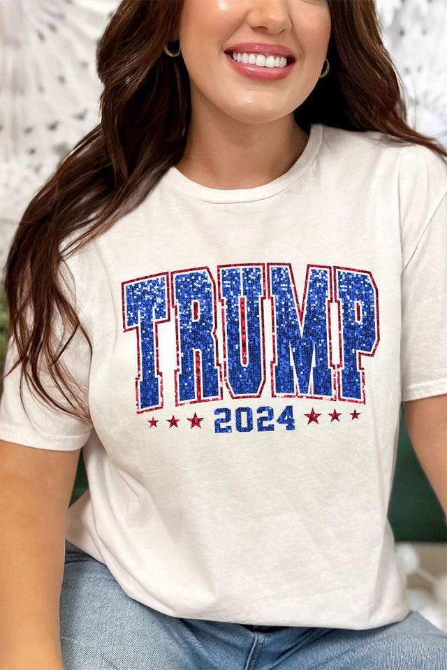 Faux Sequin Trump 2024 Transfer Short Sleeve Relaxed Fit T - Shirt - Wholesale Accessory Market