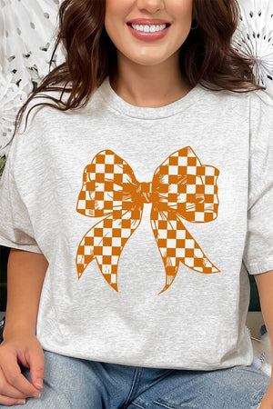 Orange Checkered Coquette Bow Short Sleeve Relaxed Fit T - Shirt - Wholesale Accessory Market