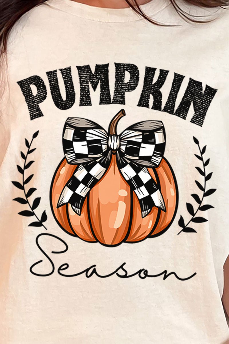 Pumpkin Season Checkered Bow Short Sleeve Relaxed Fit T - Shirt - Wholesale Accessory Market