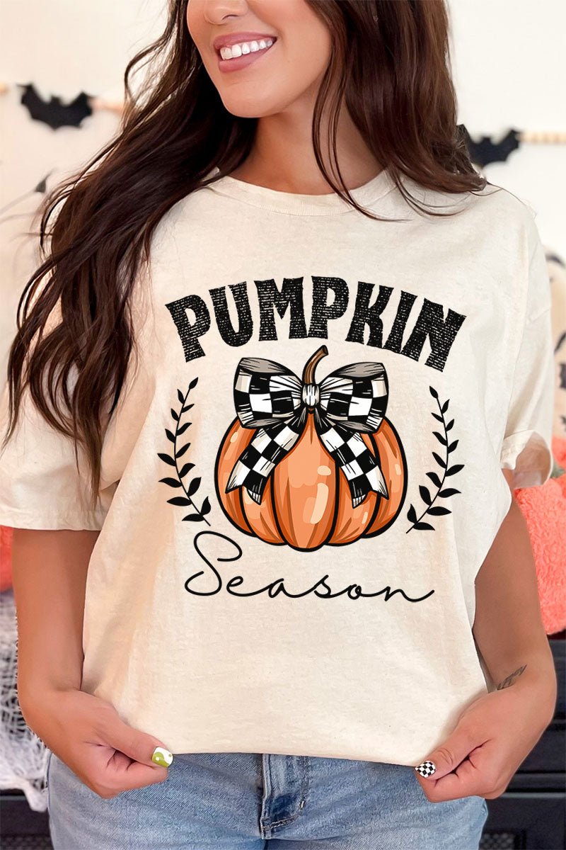 Pumpkin Season Checkered Bow Short Sleeve Relaxed Fit T - Shirt - Wholesale Accessory Market