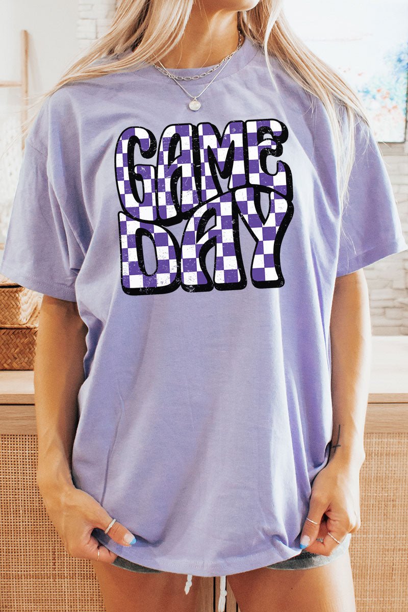 Purple Checkered Game Day Short Sleeve Relaxed Fit T - Shirt - Wholesale Accessory Market