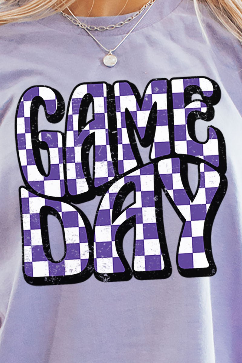 Purple Checkered Game Day Short Sleeve Relaxed Fit T - Shirt - Wholesale Accessory Market