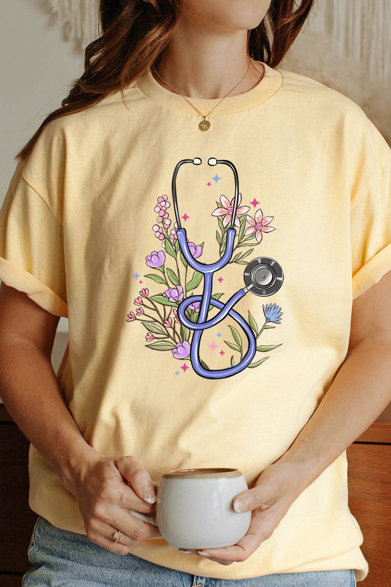 Floral Stethoscope Short Sleeve Relaxed Fit T-Shirt - Wholesale Accessory Market