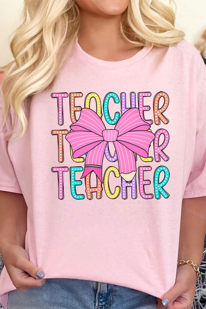 Colorful Teacher Coquette Bow Short Sleeve Relaxed Fit T-Shirt ...