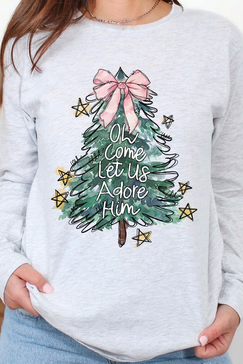 Christmas Tree Let Us Adore Him Heavy Cotton Long Sleeve Adult T-Shirt - Wholesale Accessory Market