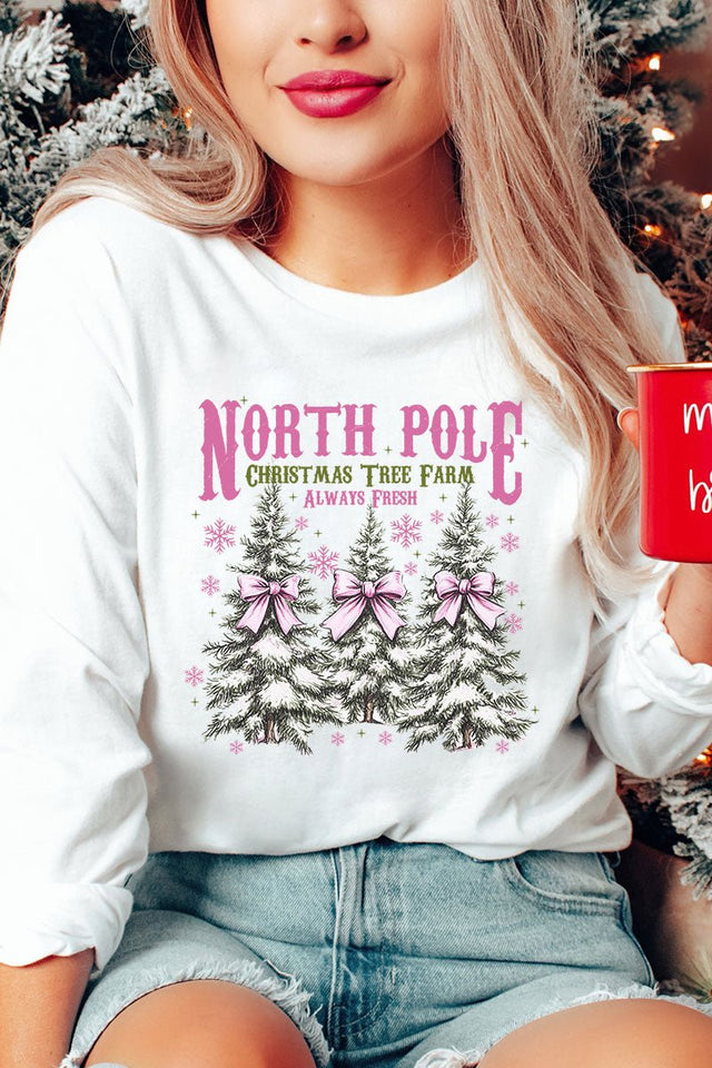 Pink North Pole Christmas Tree Farm Heavy Cotton Long Sleeve Adult T-Shirt - Wholesale Accessory Market