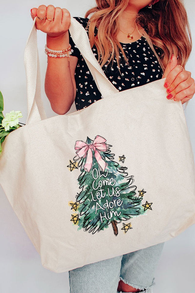 Christmas Tree Let Us Adore Him Canvas Jumbo Tote - Wholesale Accessory Market