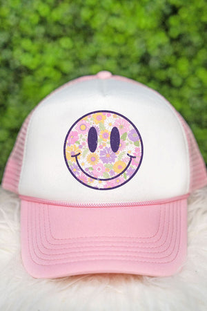 Distressed Floral Smiles Foam Mesh Back Trucker Cap - Wholesale Accessory Market