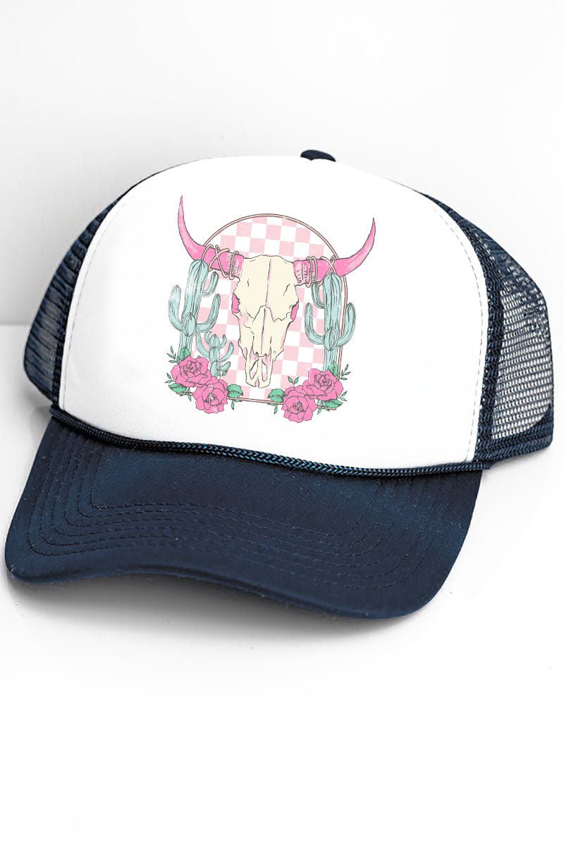 Pink Checkered Steer Foam Mesh Back Trucker Cap - Wholesale Accessory Market