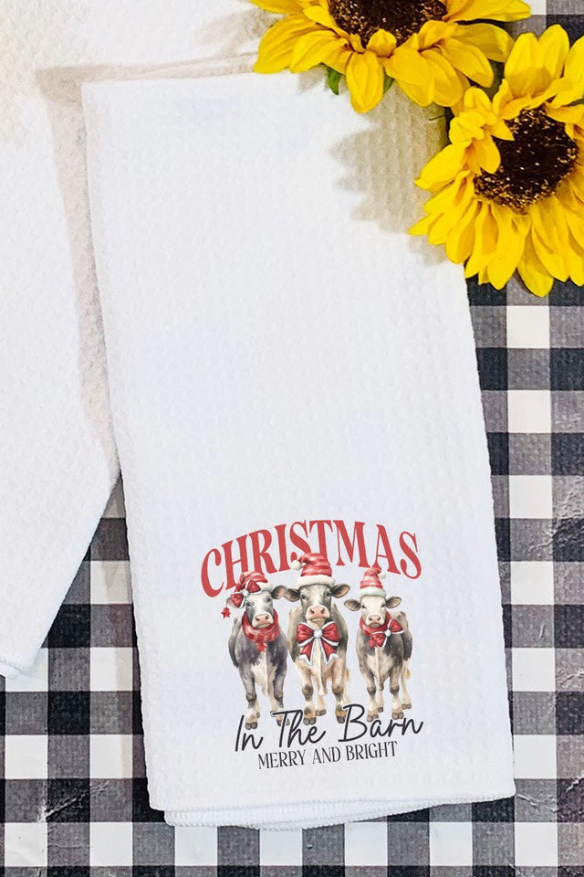 Christmas In The Barn Cows Waffle Kitchen Towel - Wholesale Accessory Market