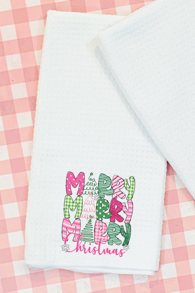 Green And Pink Merry Christmas Waffle Kitchen Towel - Wholesale Accessory Market