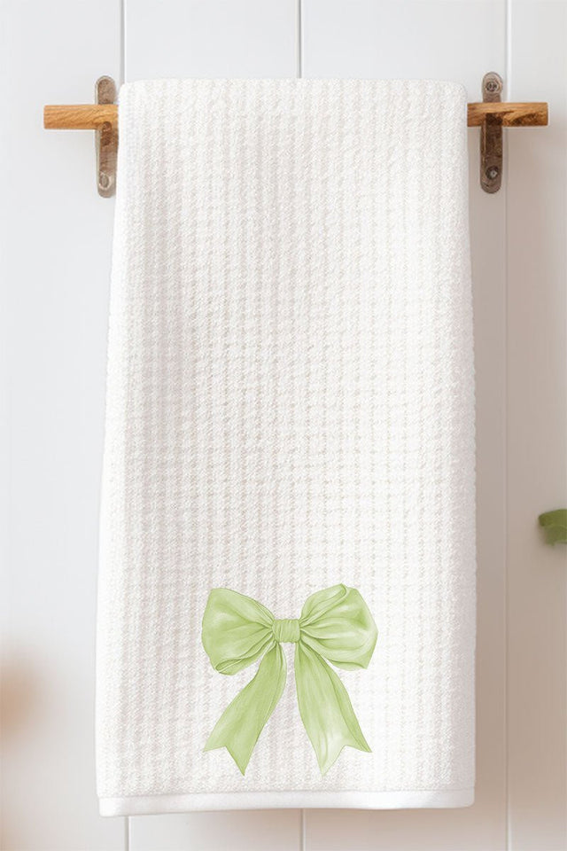 Green Watercolor Bow Waffle Kitchen Towel - Wholesale Accessory Market