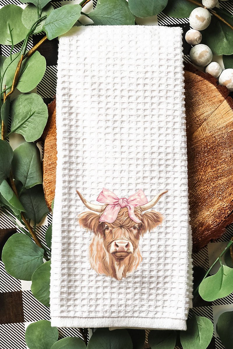 Highland Cow Bows Waffle Kitchen Towel - Wholesale Accessory Market