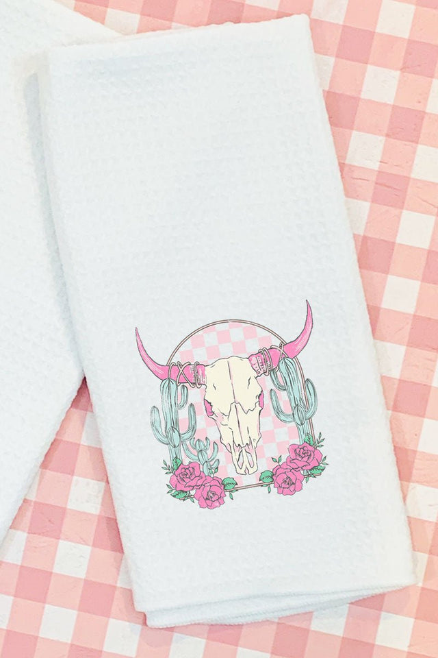 Pink Checkered Steer Waffle Kitchen Towel - Wholesale Accessory Market