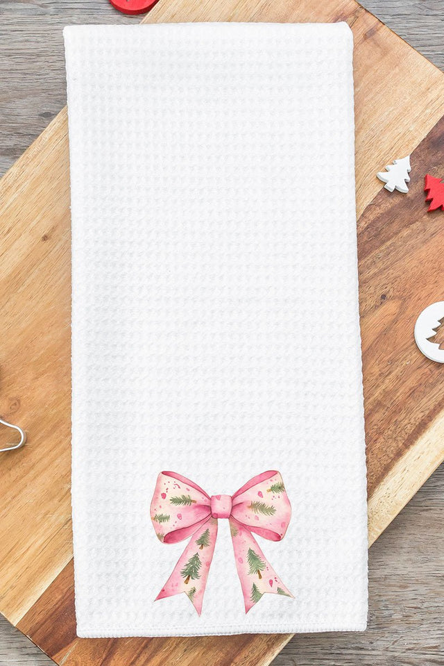 Pink Christmas Tree Bow Waffle Kitchen Towel - Wholesale Accessory Market