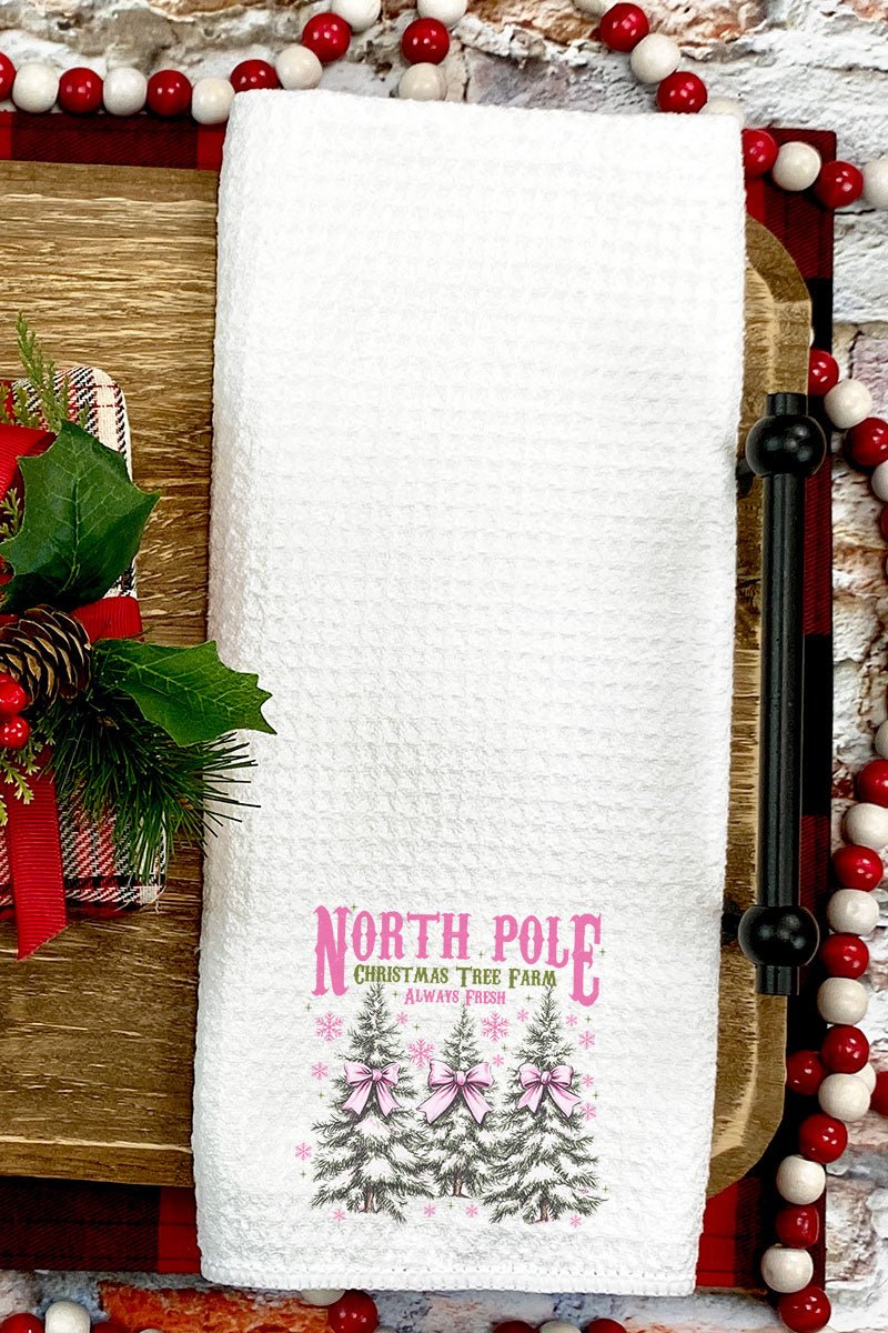 Pink North Pole Christmas Tree Farm Waffle Kitchen Towel - Wholesale Accessory Market