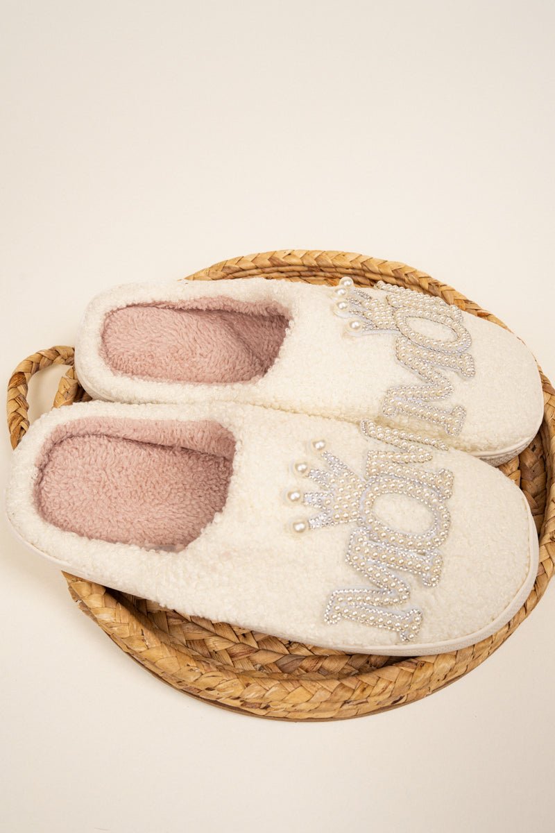 Ivory Pearl Queen Mom Plush Slippers - Wholesale Accessory Market