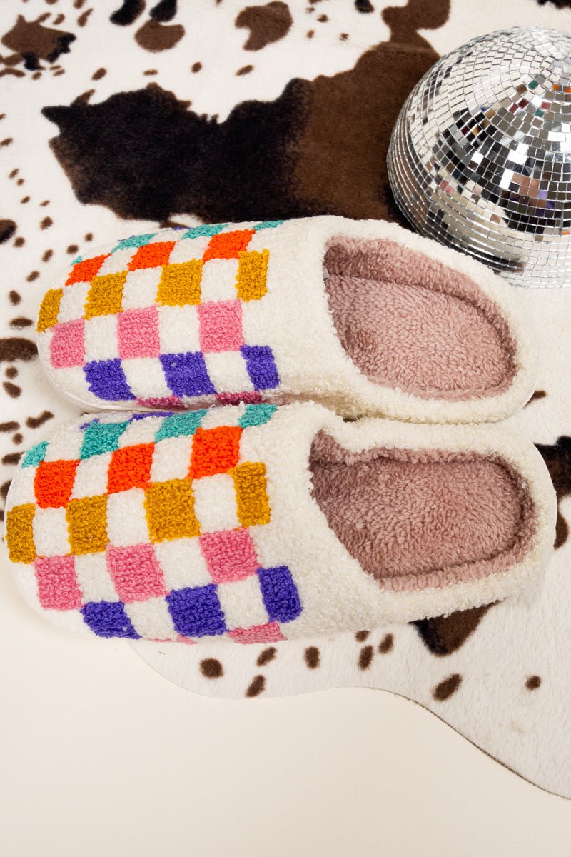 Slow Morning Multi - Color Check Plush Slippers - Wholesale Accessory Market