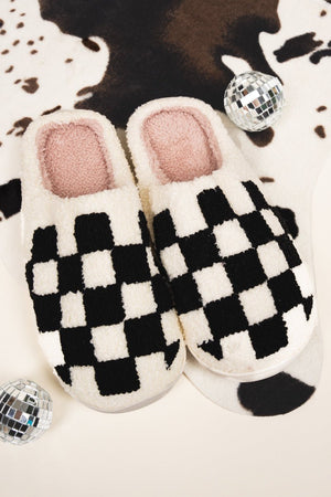 Slow Morning Black and Ivory Check Plush Slippers - Wholesale Accessory Market