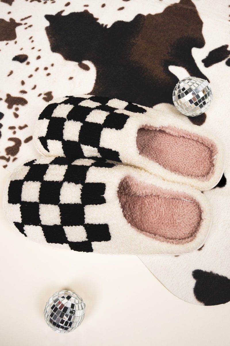 Slow Morning Black and Ivory Check Plush Slippers - Wholesale Accessory Market