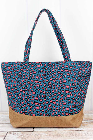 Teal Leopard with Jute Trim Shoulder Tote - Wholesale Accessory Market