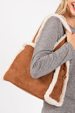 Winter Moonlight Sherpa Trimmed Brown Tote - Wholesale Accessory Market