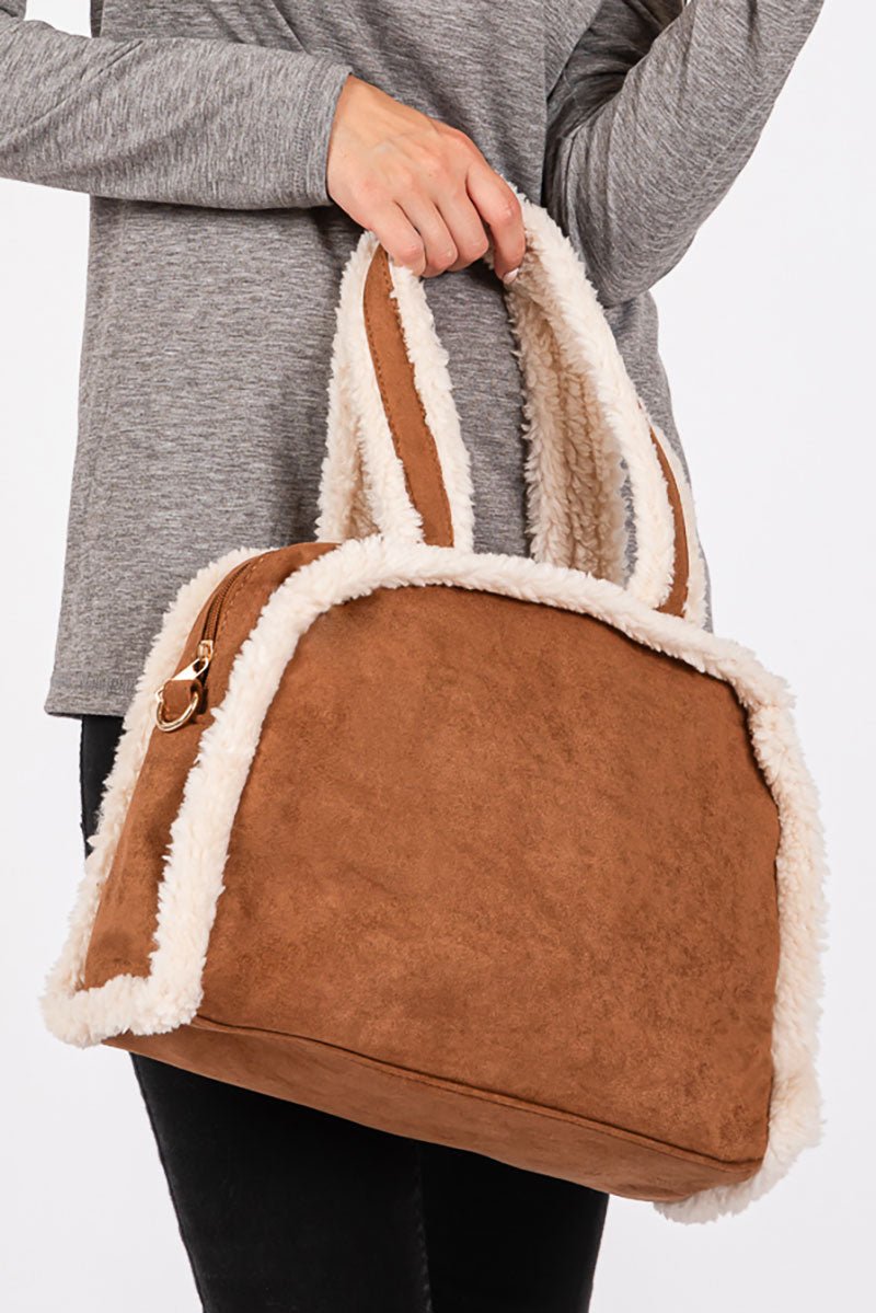 Winter Moonlight Sherpa Trimmed Brown Tote - Wholesale Accessory Market