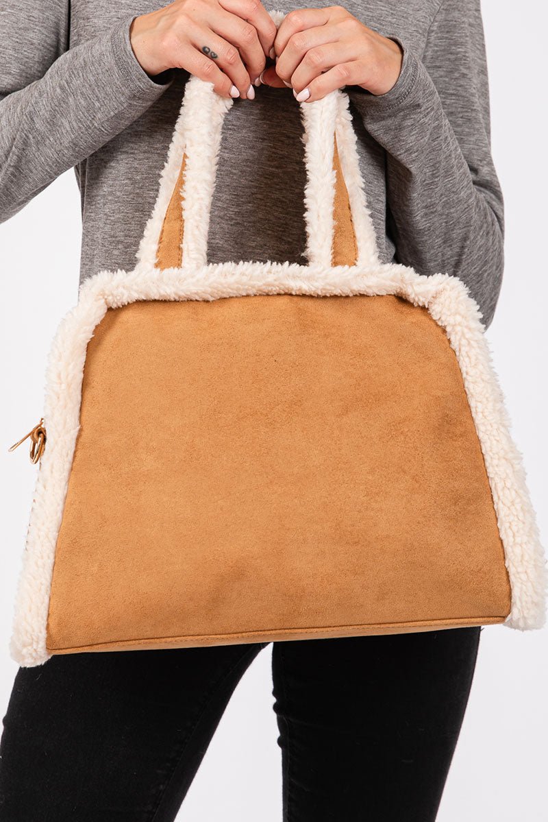 Winter Moonlight Sherpa Trimmed Camel Tote - Wholesale Accessory Market