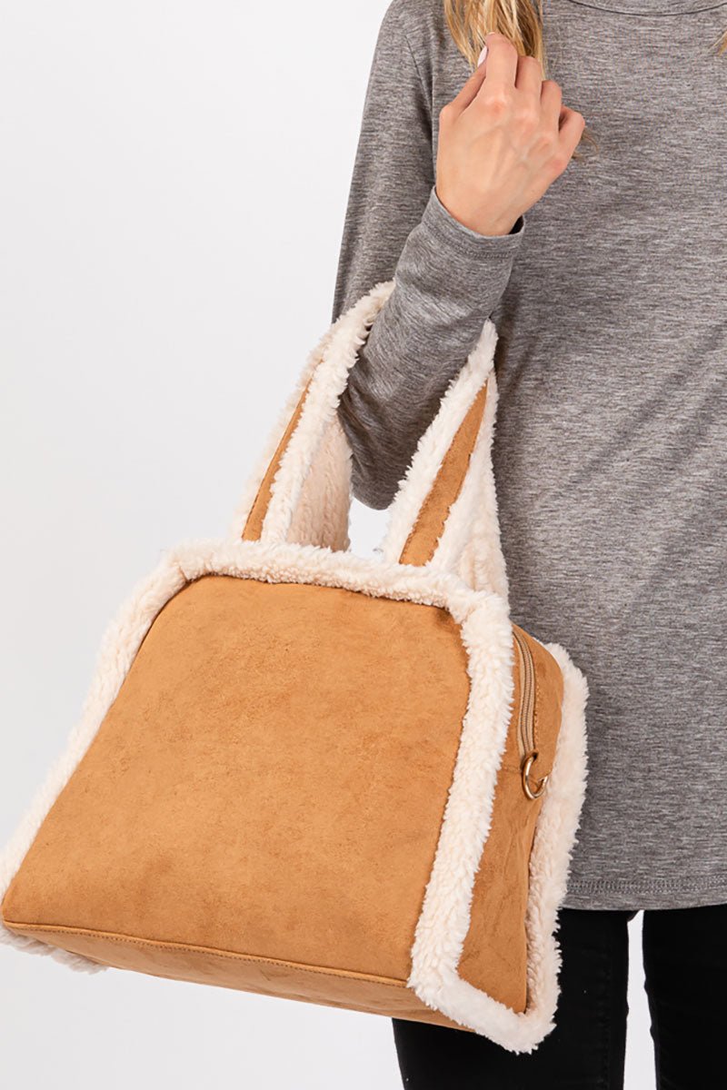 Winter Moonlight Sherpa Trimmed Camel Tote - Wholesale Accessory Market