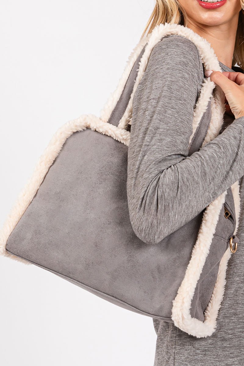 Winter Moonlight Sherpa Trimmed Gray Tote - Wholesale Accessory Market