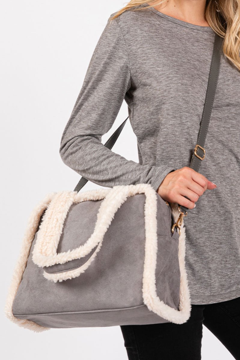 Winter Moonlight Sherpa Trimmed Gray Tote - Wholesale Accessory Market