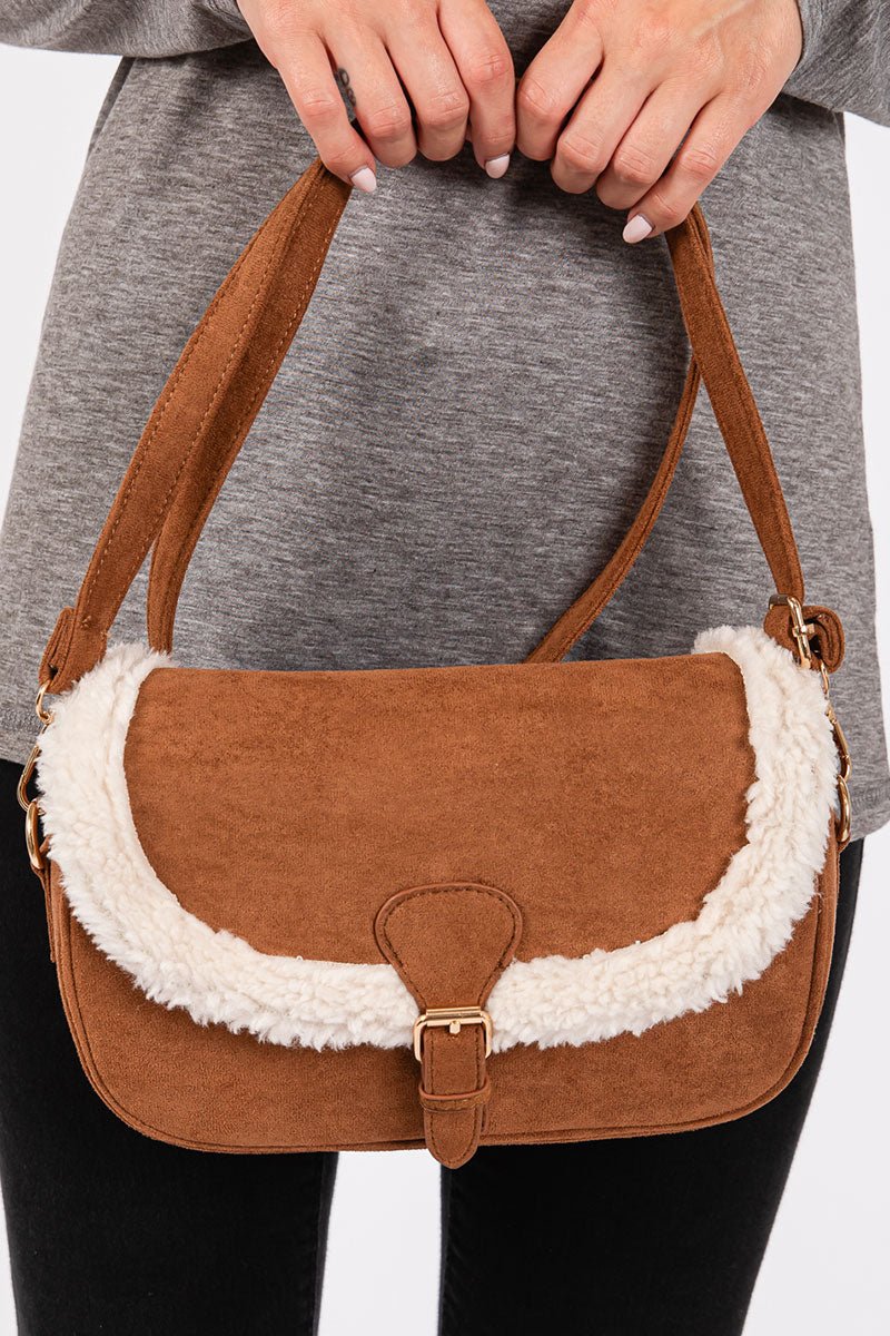 The Aspen Sherpa Trimmed Brown Crossbody - Wholesale Accessory Market