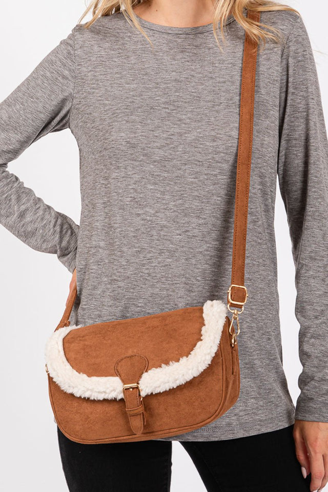 The Aspen Sherpa Trimmed Brown Crossbody - Wholesale Accessory Market