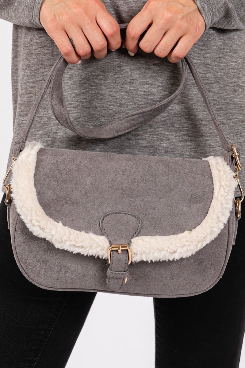 The Aspen Sherpa Trimmed Gray Crossbody - Wholesale Accessory Market