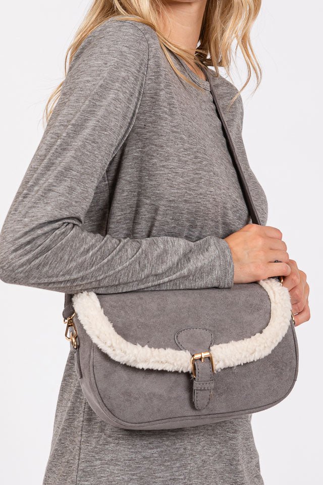 The Aspen Sherpa Trimmed Gray Crossbody - Wholesale Accessory Market