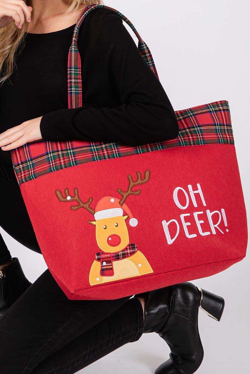 Oh Deer Red Plaid Christmas Tote Bag - Wholesale Accessory Market