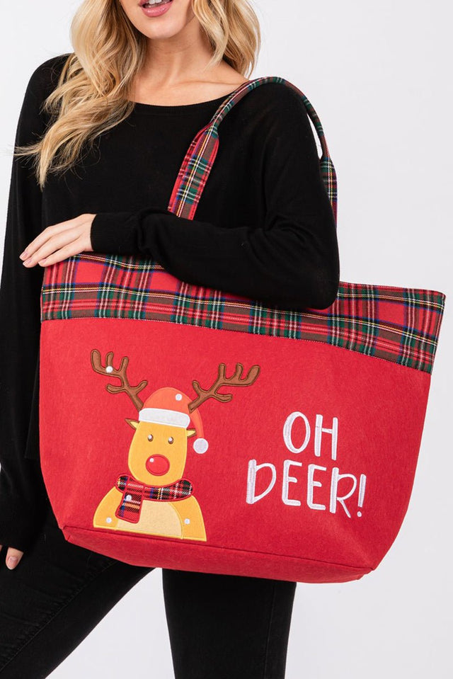 Oh Deer Red Plaid Christmas Tote Bag - Wholesale Accessory Market