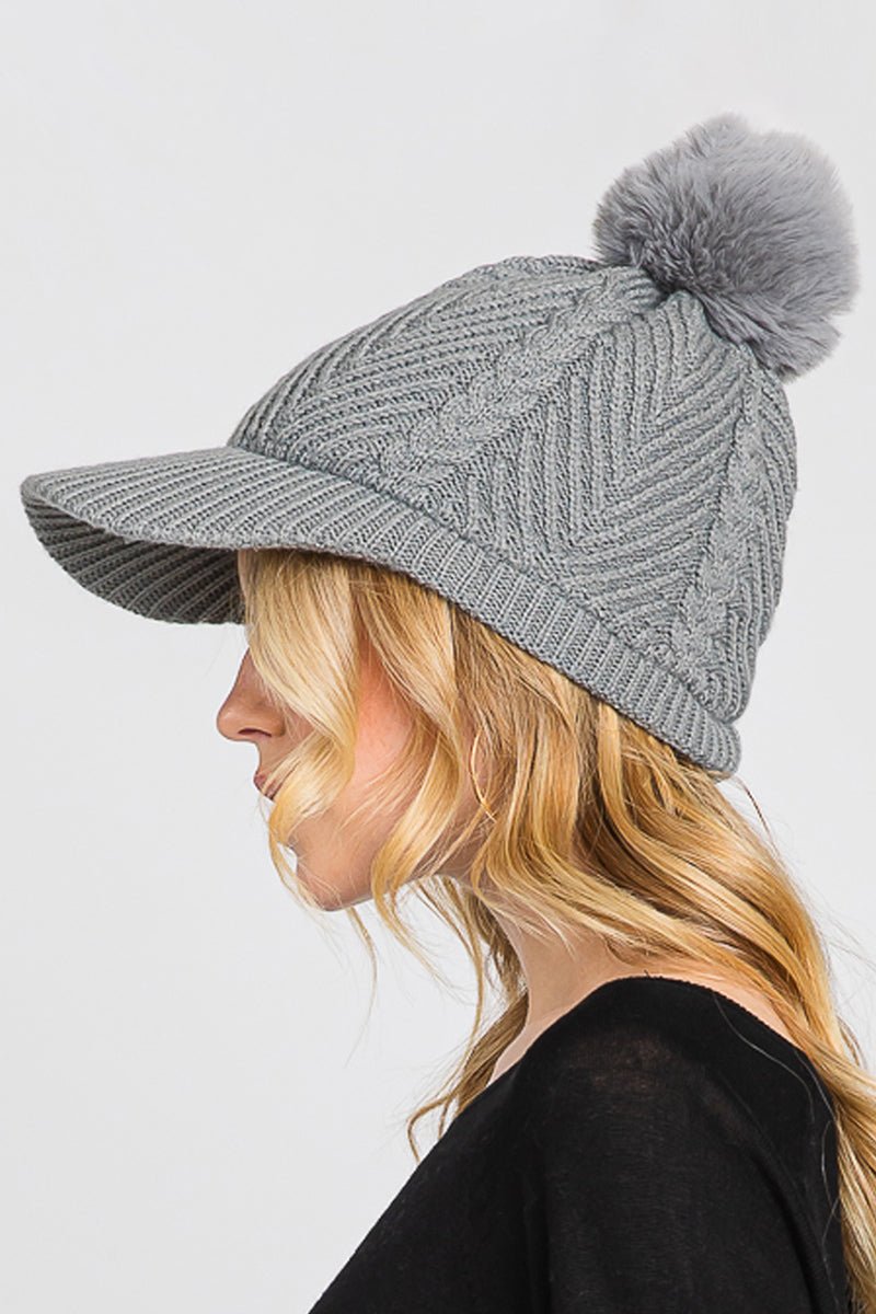 Winter Hike Gray Chevron Brimmed Pom Beanie - Wholesale Accessory Market