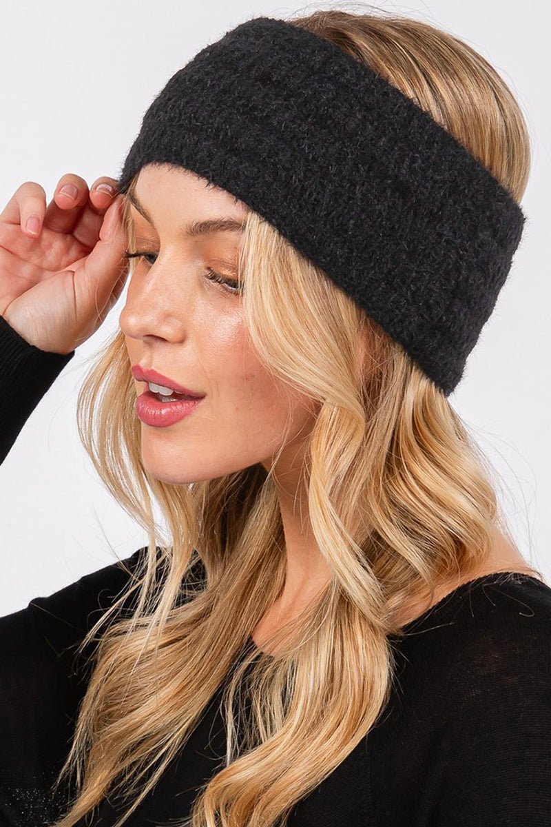 Face The Day Black Fuzzy Cable Knit Headband - Wholesale Accessory Market