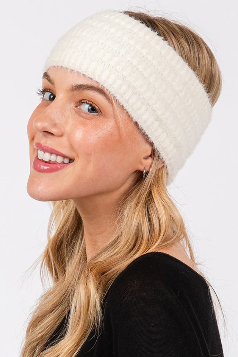 Face The Day Ivory Fuzzy Cable Knit Headband - Wholesale Accessory Market