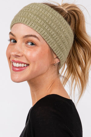 Face The Day Olive Fuzzy Cable Knit Headband - Wholesale Accessory Market