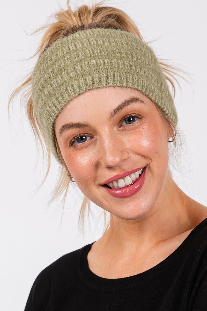 Face The Day Olive Fuzzy Cable Knit Headband - Wholesale Accessory Market