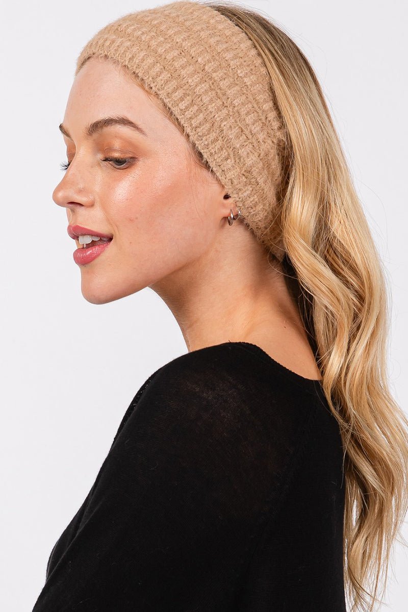 Face The Day Taupe Fuzzy Cable Knit Headband - Wholesale Accessory Market