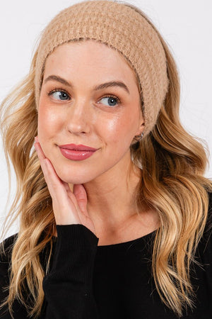 Face The Day Taupe Fuzzy Cable Knit Headband - Wholesale Accessory Market