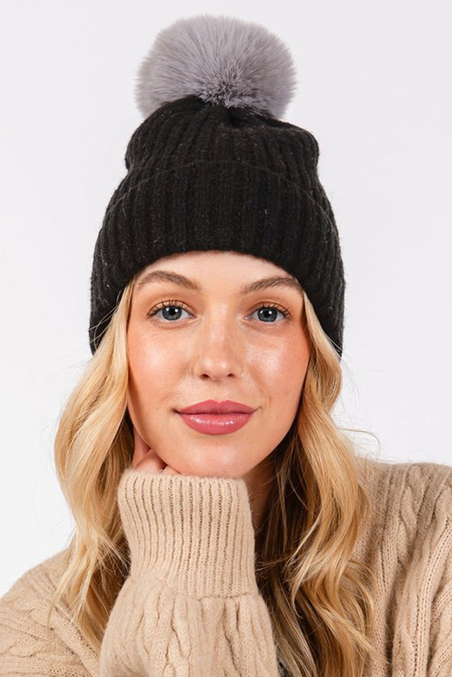 Snowy Silhouette Pom Pom Beanie, Black - Wholesale Accessory Market