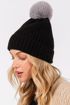 Snowy Silhouette Pom Pom Beanie, Black - Wholesale Accessory Market